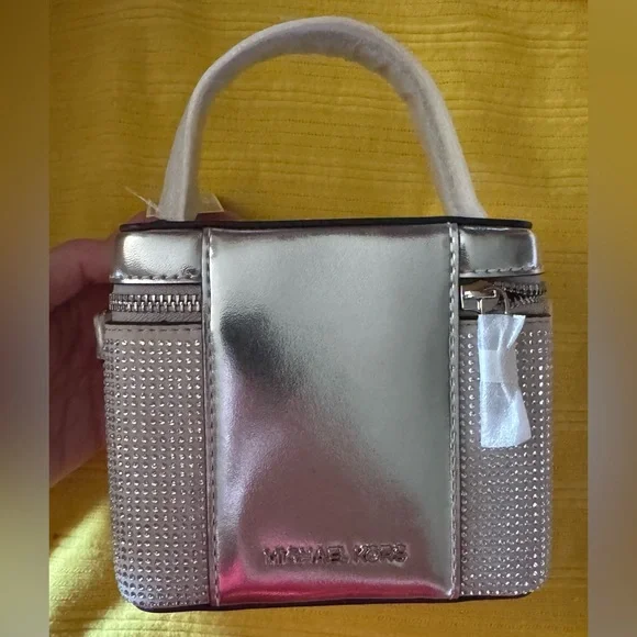 New With Tags, Michael Kors Sandrine Silver Small Box Crossbody Bag - Picture 2 of 16